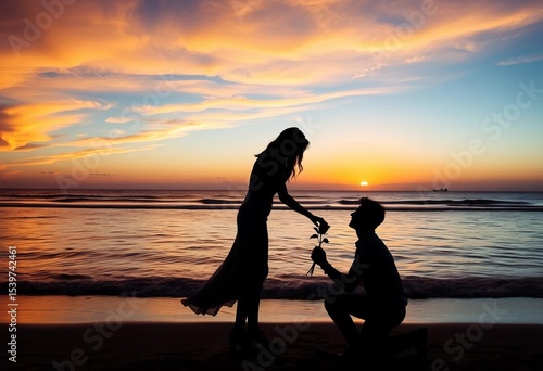 Romantic silhouette of couple at sunset beach, rose proposal,  affection,  vector