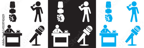Journalism icon . Vector for Microphone, journalist,  reporter,  interview, newspaper etc. isolated on white and black background. Vector illustration. EPS 10