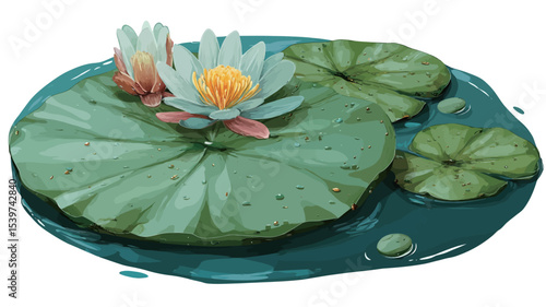 A digital illustration depicting a water lily in full bloom.  The image shows a single white water lily with a yellow center, surrounded by large, round, green lily pads.  Several water droplets