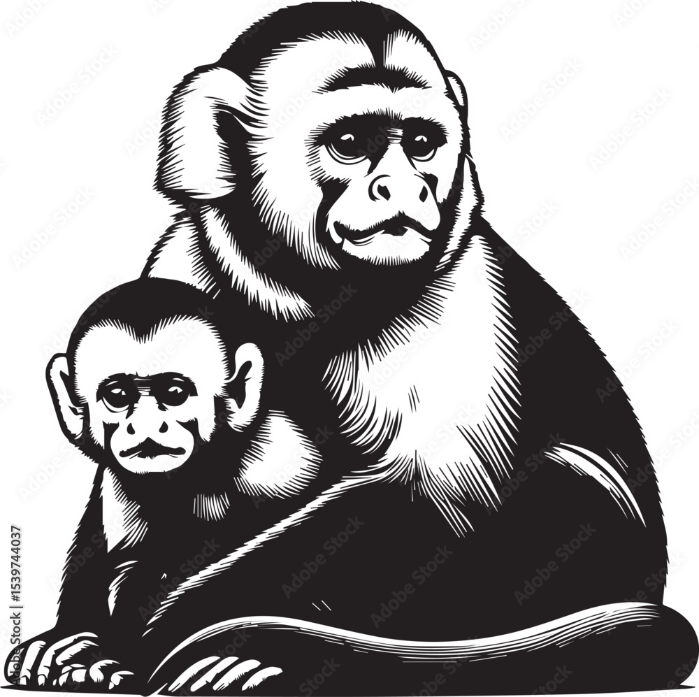Fototapeta premium Capuchin Monkey Simple Black and White Vector Illustration
