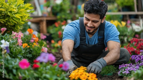 Fototapeta Naklejka Na Ścianę i Meble -  Man Smiling While Gardening in Colorful Flower Bed