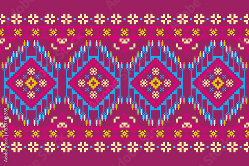 Cross stitch pattern concept showcasing traditional ethnic geometric pattern, Design for textile, background,carpet,wallpaper,clothing,wrapping,Batik,fabric,Vector illustration	
