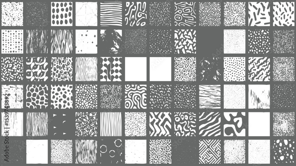 Fototapeta premium Collection of Fifty Diverse Black and White Abstract Seamless Patterns Textures featuring Geometric Organic and Textured Designs for Textile Fabric Wallpaper and Digital Projects