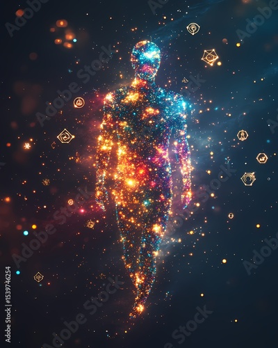 Vibrant stardust forming the shape of a human, filled with floating symbols and pale space light 

