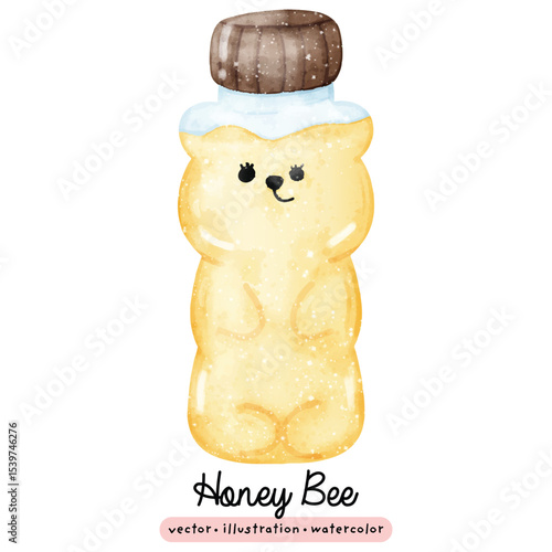 Honey product cute honey bear in bottle watercolor vector illustration