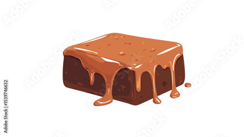 A digital illustration of a square brownie generously topped with melted caramel sauce. The caramel is depicted with a glossy, dripping texture, highlighting its fluidity. The brownie itself