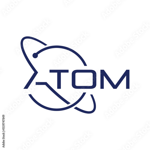 The image shows a flat wordmark logo design of the word ATOM with round orbital circle in dark color that looks clean on a white background 