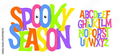 Halloween Fun Font, Funny Cartoon Alphabet with Colorful Letters and Funny Eyes. Childish Type for Spooky Season Lettering, Trick or Treat Quotes, Kids Crafts, Posters, Stickers, Tee. Vector Typeset