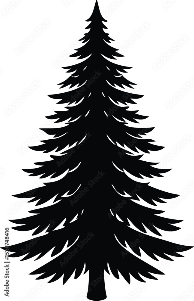 Fototapeta premium Black silhouette of pine tree isolated on white background art illustration