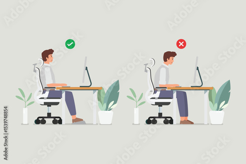 Good position vs bad incorrect posture for sitting at computer desk