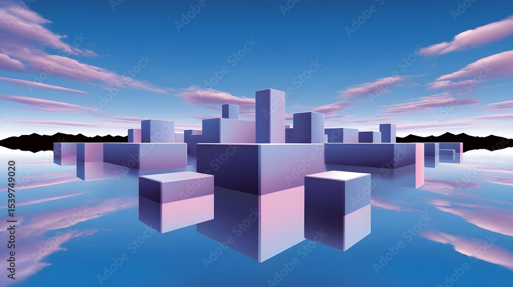 Fototapeta premium A surreal cityscape featuring levitating, minimalist geometric shapes reflected in a tranquil, mirror-like body of water against a vibrant, dreamlike sky
