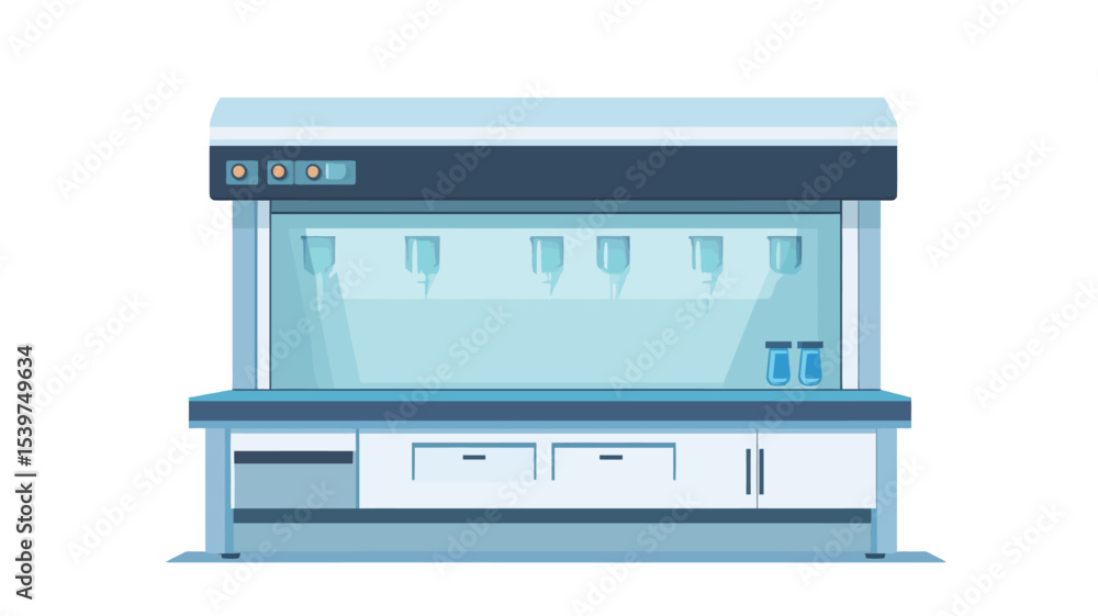 The image shows a front view of a laboratory clean bench.?The bench is predominantly white and light blue, with a dark blue control panel at the top.?It has a transparent working area enclosed The image shows a front view of a laboratory clean bench.?The bench is predominantly white and light blue, with a dark blue control panel at the top.?It has a transparent working area enclosed