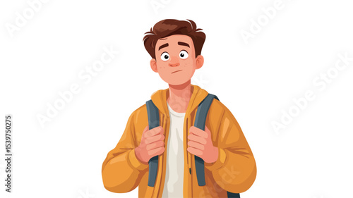 A digital illustration depicting a young man with brown hair wearing a yellow jacket and a backpack. He has a slightly worried or pensive expression on his face. The style is cartoonish and