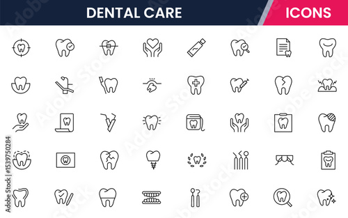 Crisp vector web line icons depicting dental care, tools, oral health, dentistry procedures, and professional dental wellness services.