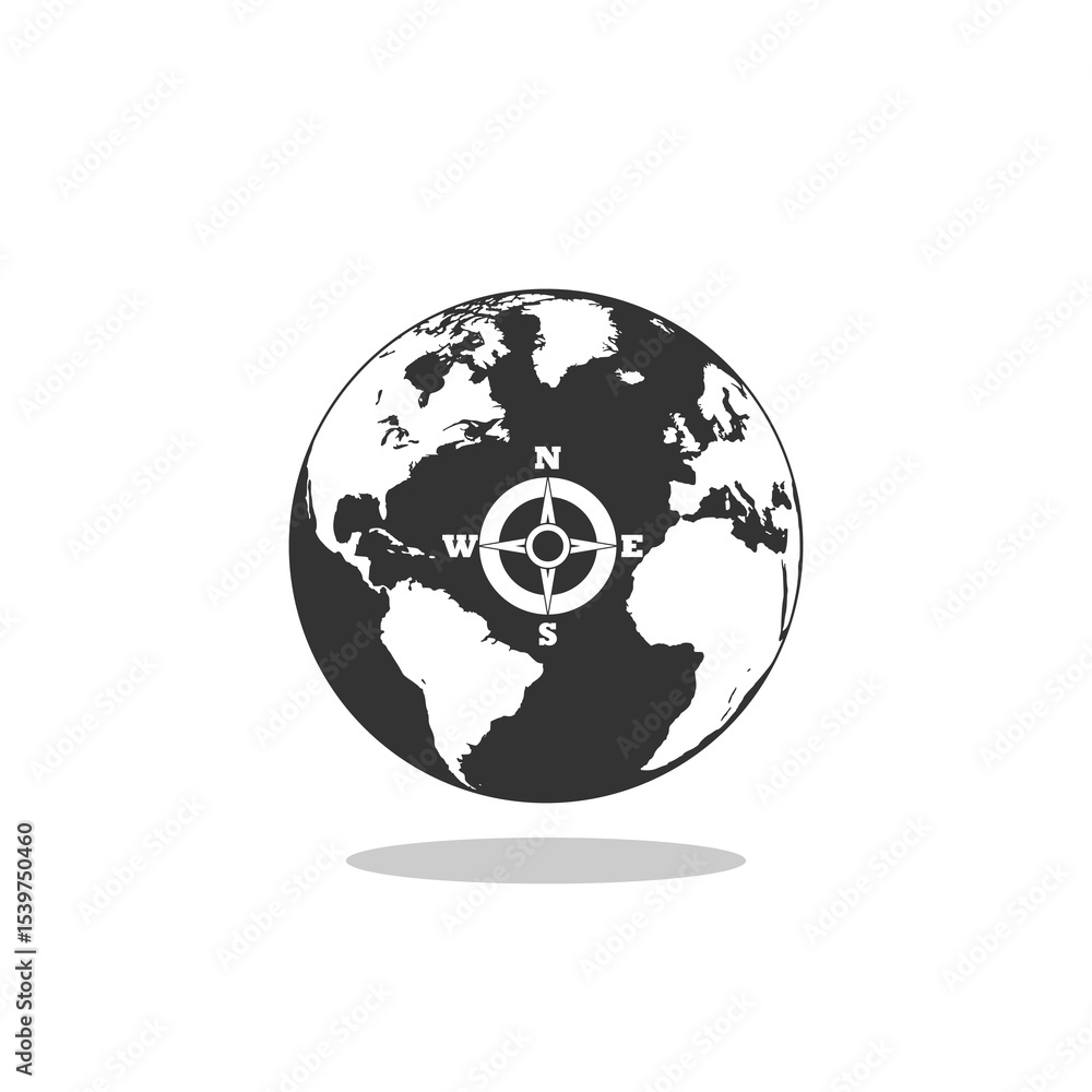 Obraz premium World globe with compass icon shadow