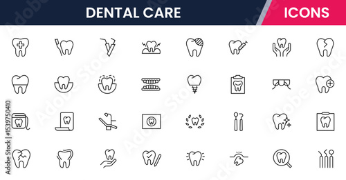 Crisp vector web line icons depicting dental care, tools, oral health, dentistry procedures, and professional dental wellness services.