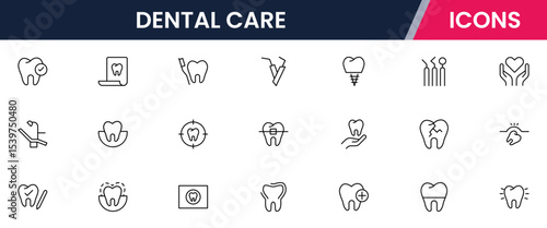 Crisp vector web line icons depicting dental care, tools, oral health, dentistry procedures, and professional dental wellness services.