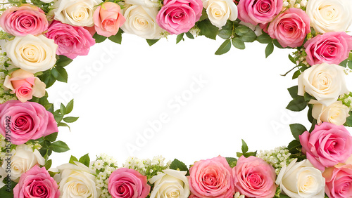 Floral frame with pink and red roses, decorative romantic border