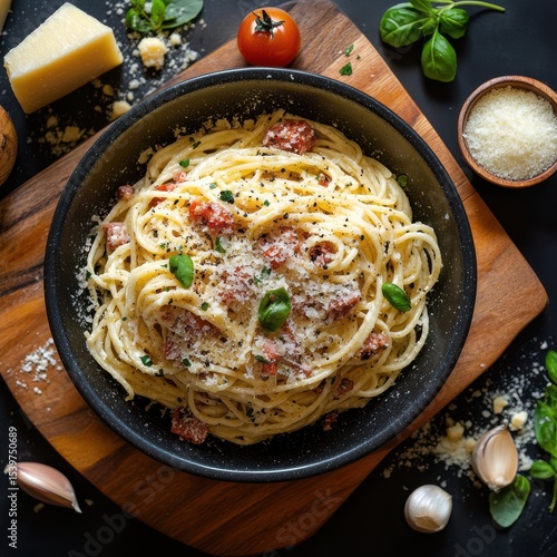 Overhead Shot of Creamy Spaghetti Carbonara with Tomatoes and Parmesan
