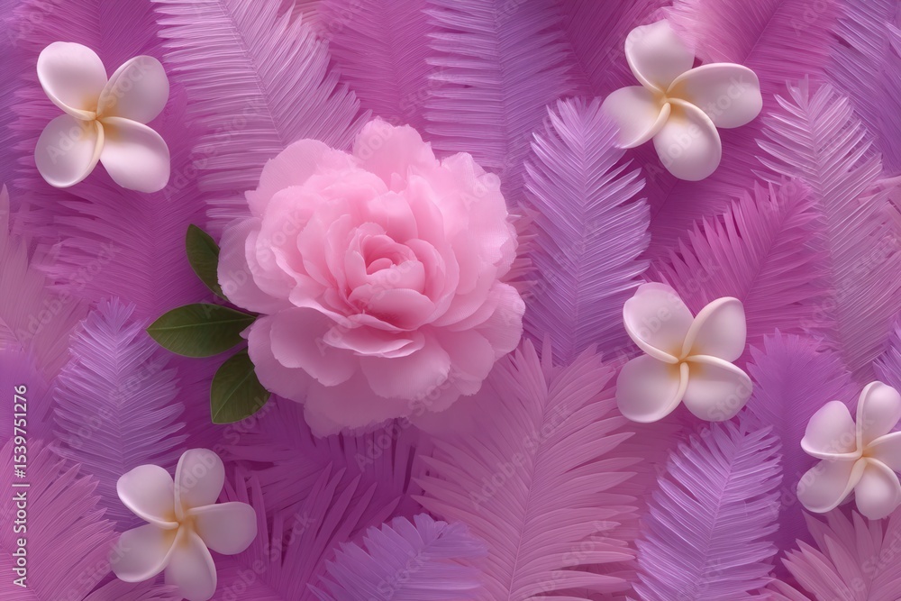 Obraz premium A vibrant arrangement of pink artificial flowers with delicate white plumeria blossoms and layered fern leaves on a soft purple backdrop creating a soothing decorative composition