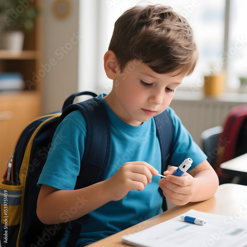 Candid photo of child with Type 1 diabetes checking glucose levels before school as part of daily health monitoring routine