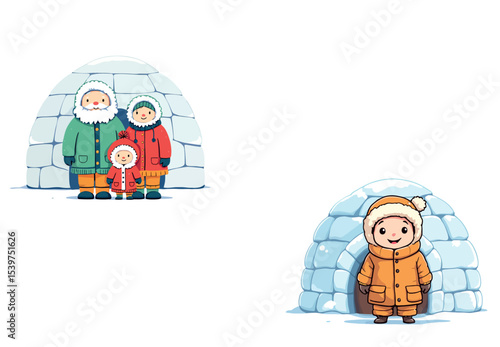 Vsai inuit family and child posing in front of igloo in winter landscape
