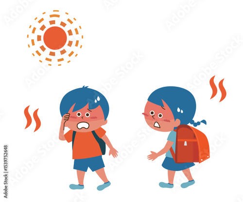 熱中症　登下校中の小学生のイメージイラスト素材