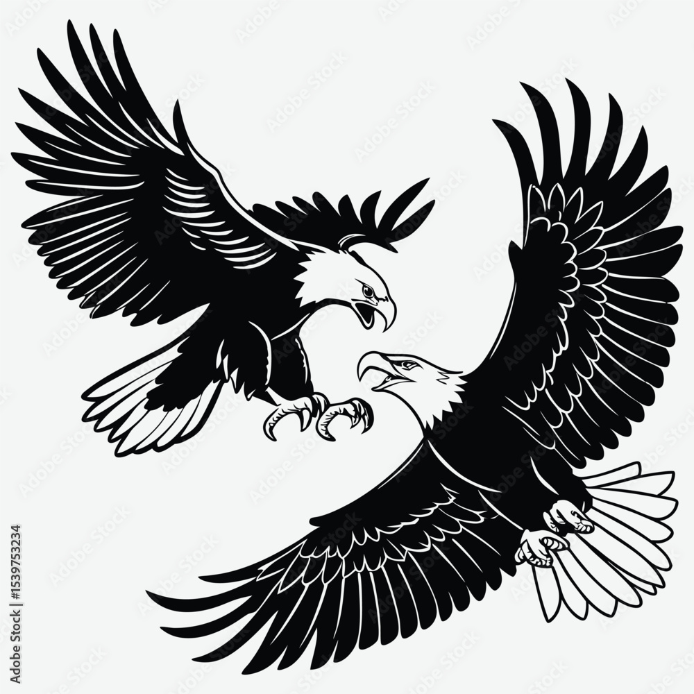 Obraz premium Two powerful eagles clash mid-air in a dramatic battle for dominance image silhouette design vector art and illustration