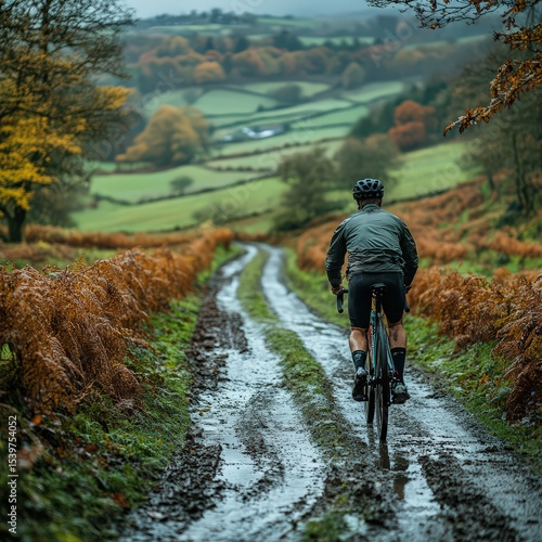 Man cycling through countryside 