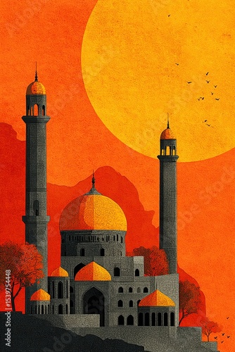 Yellow watercolor Islamic banner with mosque illustration