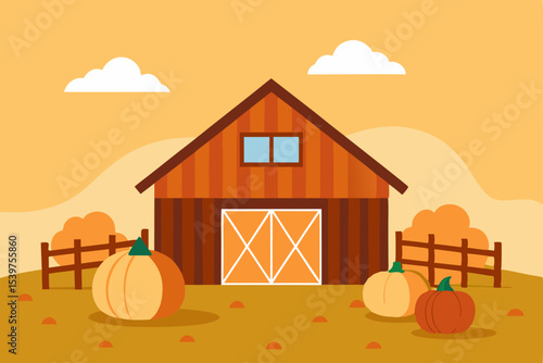 Autumn Harvest Rustic Barn with Pumpkins Illustration