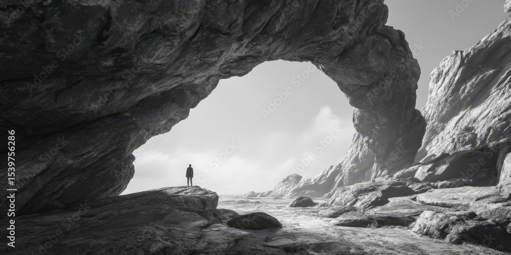Fototapeta premium Solitary Person in Monochrome Landscape Seen Through Rock Arch