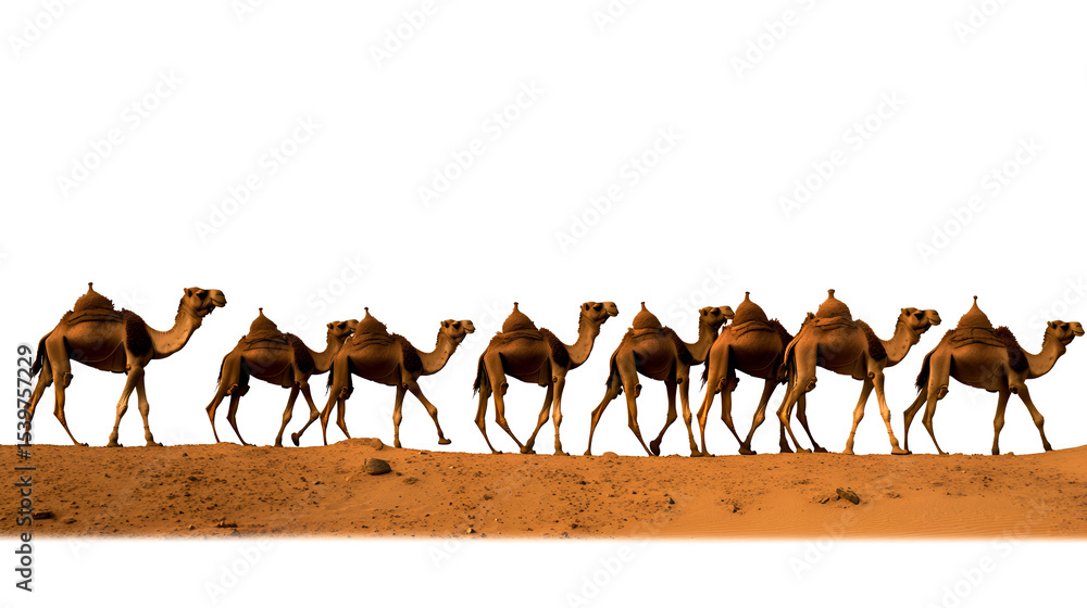 Naklejka premium Caravan of camels traversing a sandy desert landscape under a bright sun.