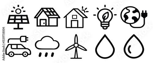 Green Energy Line Icon Set. Clean Energy Editable Line Icons. Eco Friendly Power, Renewable Energy, Sustainable Power, Solar, Wind, and Green Power, turbine, Enegry, electicity, energy