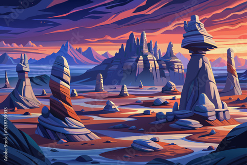 Ancient stone formations in a quiet desert landscape at dusk atmospheric vector illustration perfect for history, geology, or travel themes with warm twilight tones