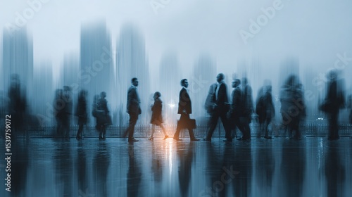 Generative AI. motion blur image of business people crowd walking at corporate office in city downtown, blurred background, business center concept, white color tone. High quality