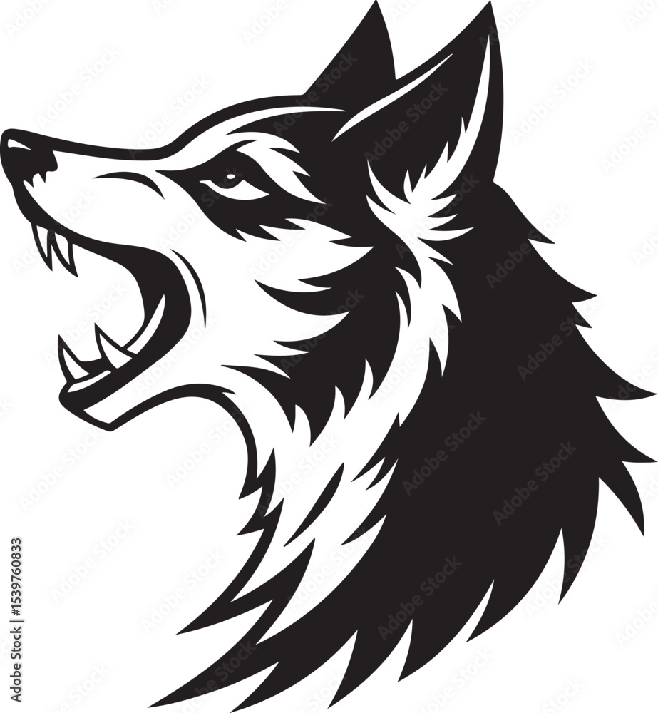 Obraz premium Side profile of a wolf head with open mouth, mid-howl black silhouette