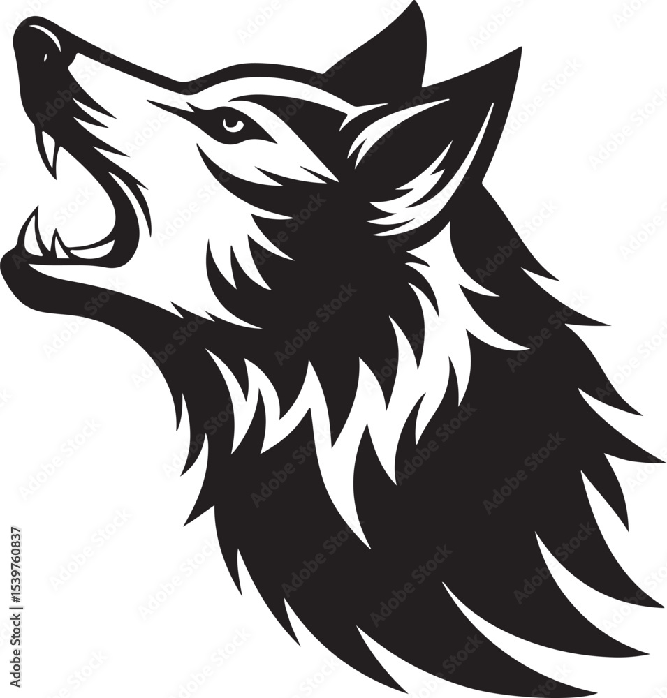 Fototapeta premium Side profile of a wolf head with open mouth, mid-howl black silhouette
