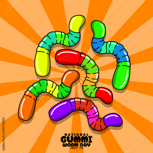 National Gummi Worm Day to celebrate on July 15th. Colorful gummy worm-shaped candies on orange background. Candy event banner.