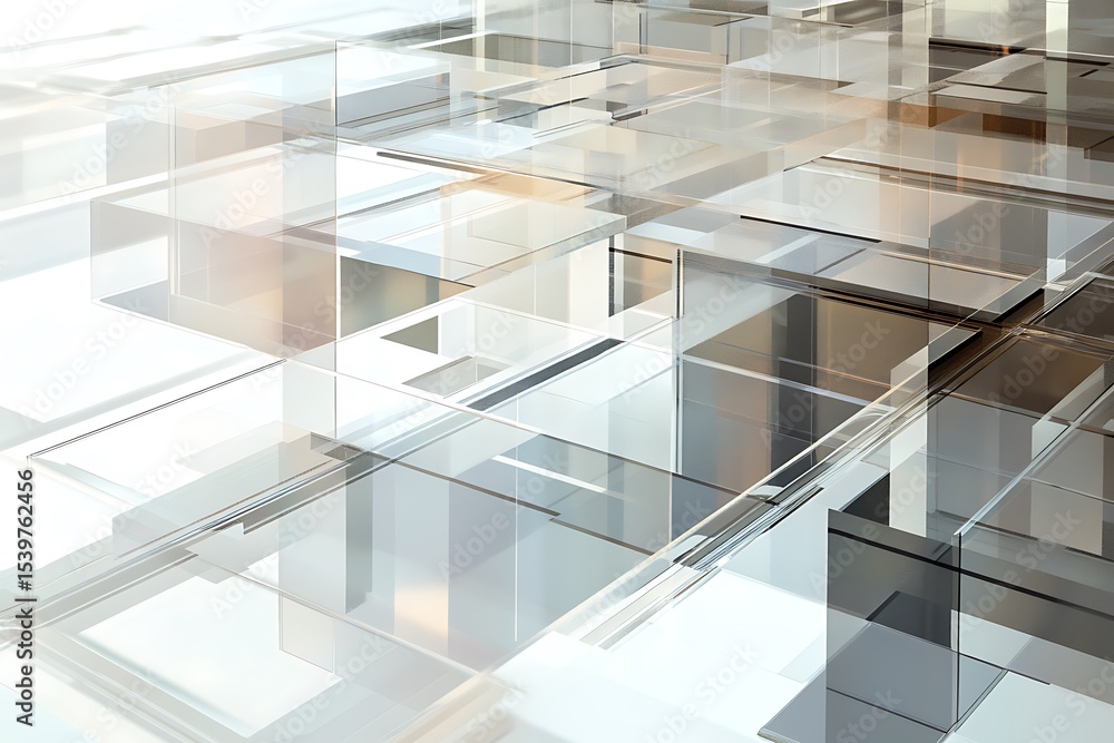 Obraz premium Overlapping transparent sheets cut by sharp diagonal linework.