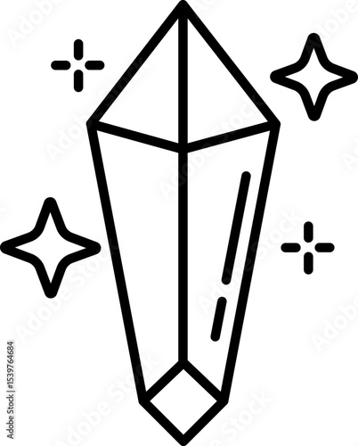 Simple line drawing of crystal with sparkling stars around it, conveying sense of magic and elegance. geometric shape is outlined in black, emphasizing its facets and sharp edges