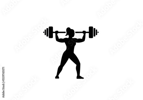 Silhouette of a muscular woman lifting a barbell overhead in a weightlifting stance on a white background