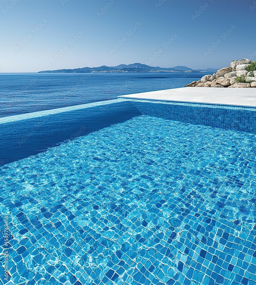 Fototapeta premium Infinity Pool with Mosaic Tiles and Reflective Water Surface on Sleek Floor 