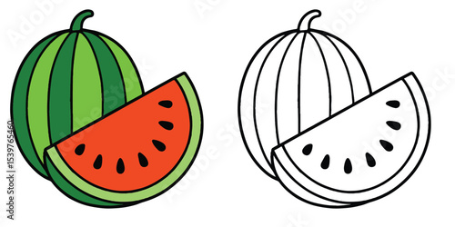 Coloring book of a watermelon with a large slice cut out, on white background line art vector illustration