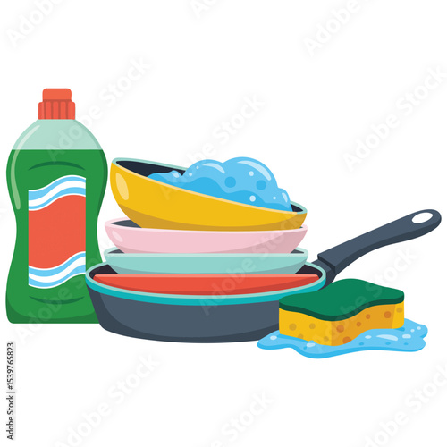 bottled dish soap and dishes isolated vector