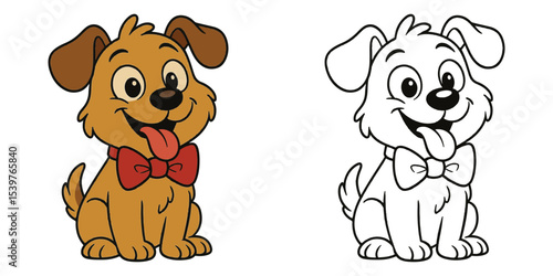 Line art coloring book of a cute dog cartoon wearing a bowtie with a funny expression illustration