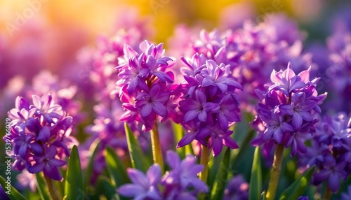 Purple hyacinth flowers blooming in a spring garden bathed in sunlight
