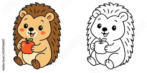 Line art coloring book of a cute hedgehog cartoon holding a small apple on a white background
