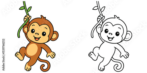 Line art coloring book of a cute monkey cartoon hanging from a vine on a white background