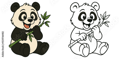 Line art coloring book of a cute panda cartoon eating bamboo with a funny expression illustration